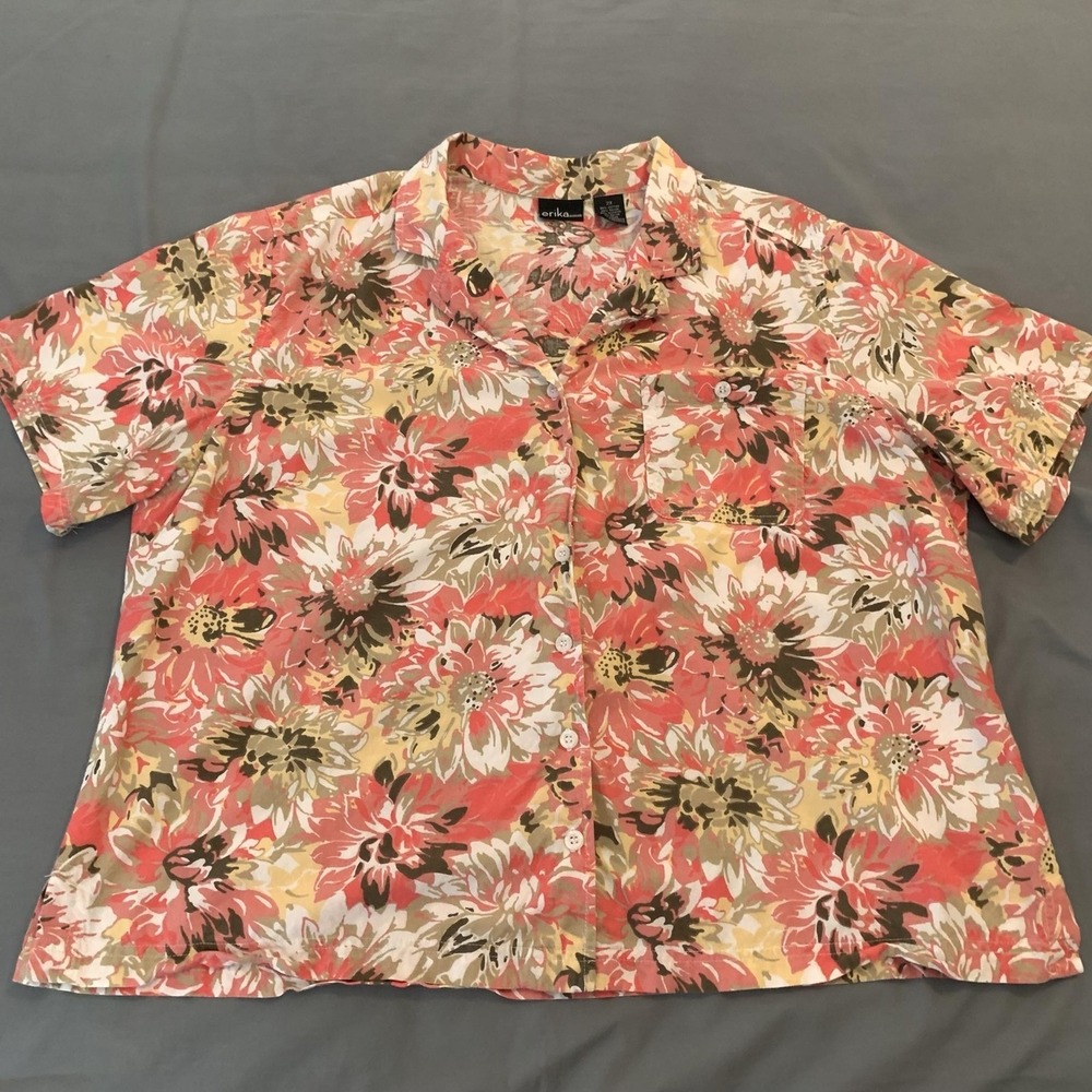 Erika Shirt‎ Womens 2X Plus Multicolor Floral Button Up Short Sleeve Casual